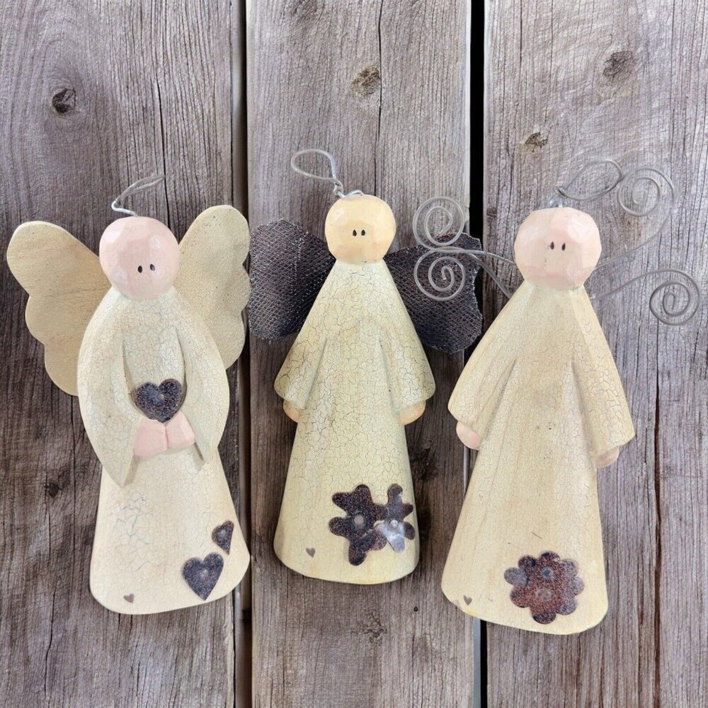 Sarahs Attic Wooden Folk Art Style Resin Angel Family‎ Angels Of Faith Set Of 3